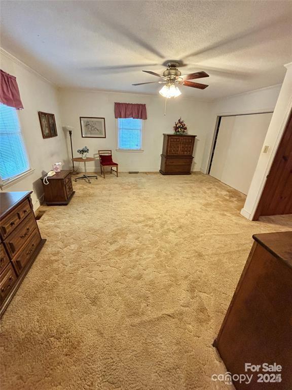 sitting room with a textured ceiling, ceiling fan, a healthy amount of sunlight, and light carpet