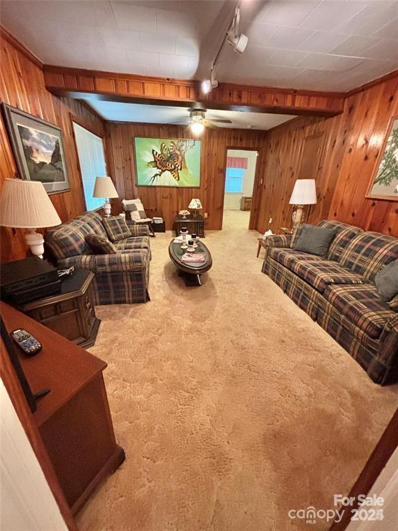 living room with carpet flooring, track lighting, ceiling fan, and wood walls