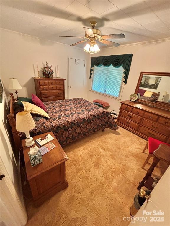 carpeted bedroom with ceiling fan