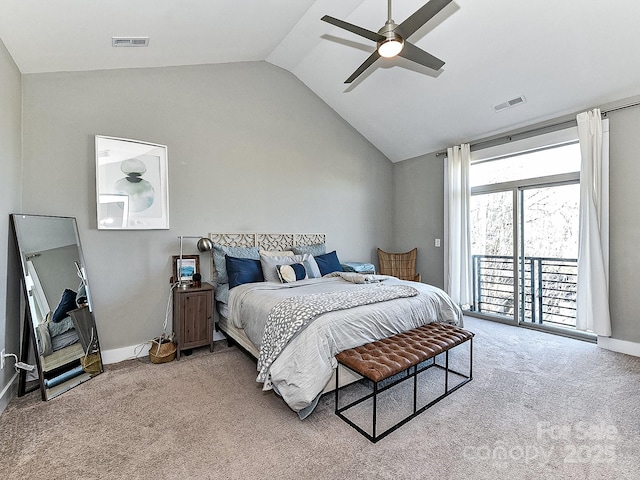 bedroom with light carpet, access to outside, vaulted ceiling, and ceiling fan