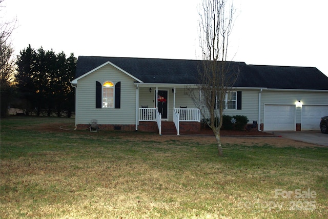 ranch-style home featuring a porch, a garage, and a front lawn