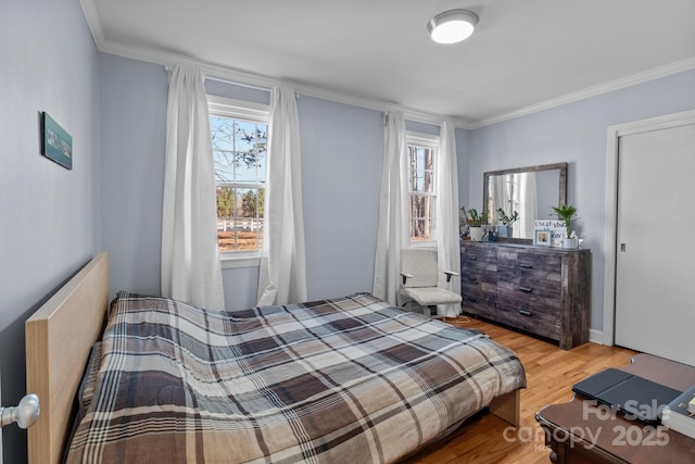 bedroom featuring light hardwood / wood-style flooring, multiple windows, and ornamental molding