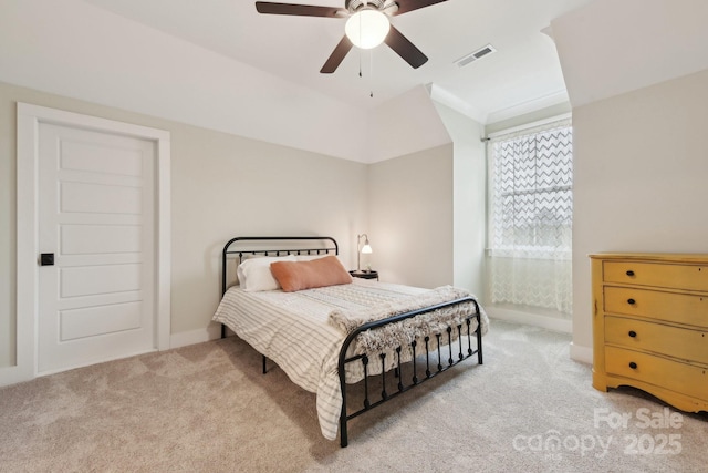 bedroom featuring ceiling fan and light colored carpet