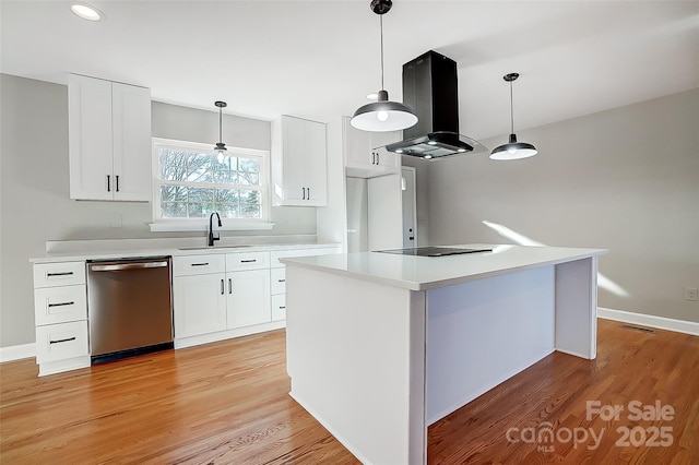 kitchen featuring a center island, sink, stainless steel dishwasher, island range hood, and white cabinets