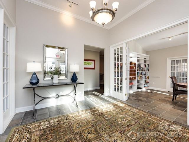 office area featuring crown molding, french doors, and track lighting