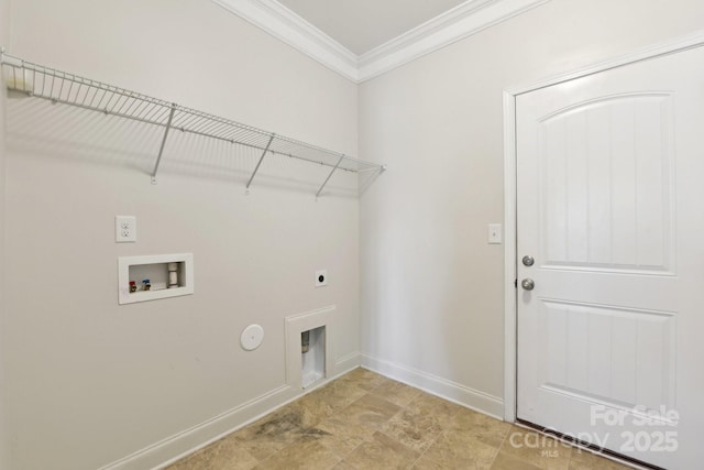 laundry area featuring hookup for a gas dryer, ornamental molding, electric dryer hookup, and washer hookup