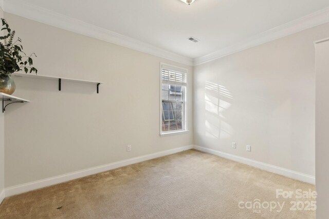 carpeted spare room with crown molding