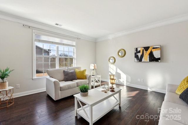 living room featuring crown molding and dark hardwood / wood-style flooring