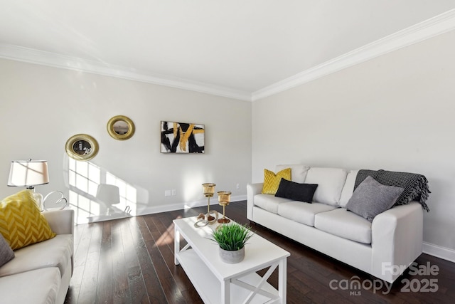 living room with dark hardwood / wood-style flooring and ornamental molding