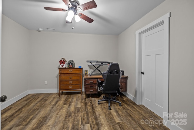 home office with dark hardwood / wood-style floors and ceiling fan