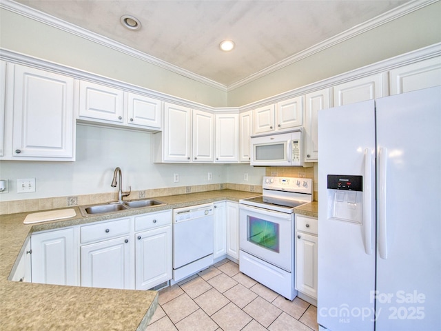 kitchen with white cabinetry, sink, crown molding, and white appliances