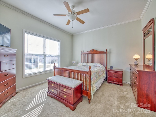 carpeted bedroom with ceiling fan and crown molding