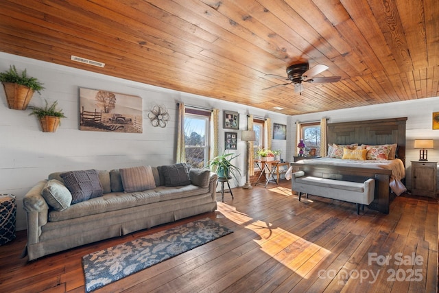 bedroom featuring ceiling fan, dark hardwood / wood-style flooring, and wood ceiling