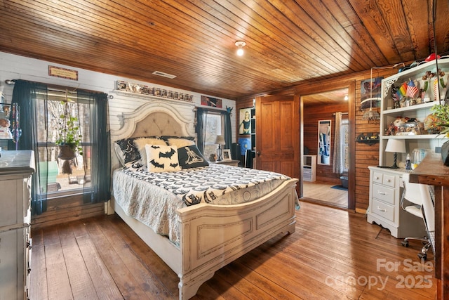 bedroom featuring wood walls, wooden ceiling, and wood-type flooring