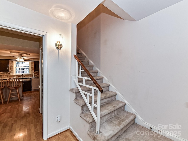 stairs featuring ceiling fan, sink, and hardwood / wood-style flooring