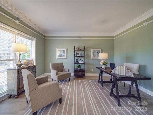 home office with a wealth of natural light and crown molding