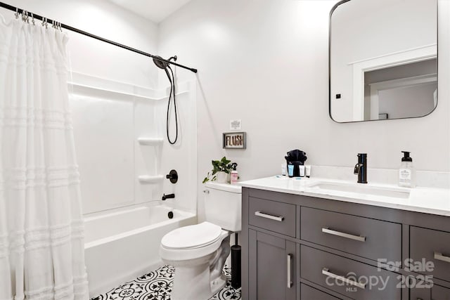 full bathroom featuring tile patterned flooring, vanity, shower / bath combination with curtain, and toilet