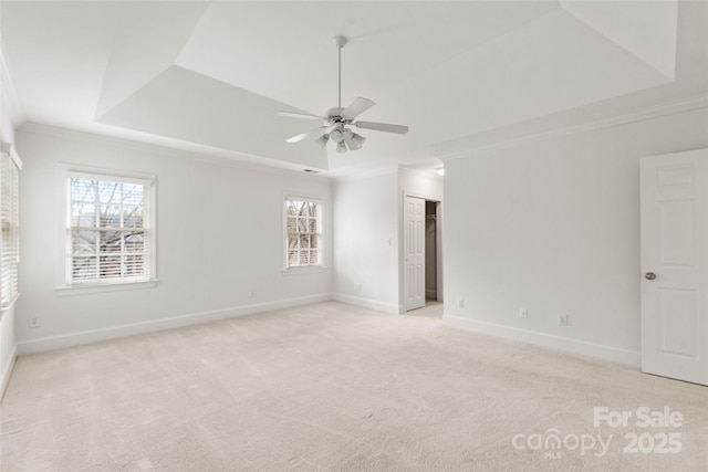 unfurnished room with plenty of natural light, light carpet, and a tray ceiling