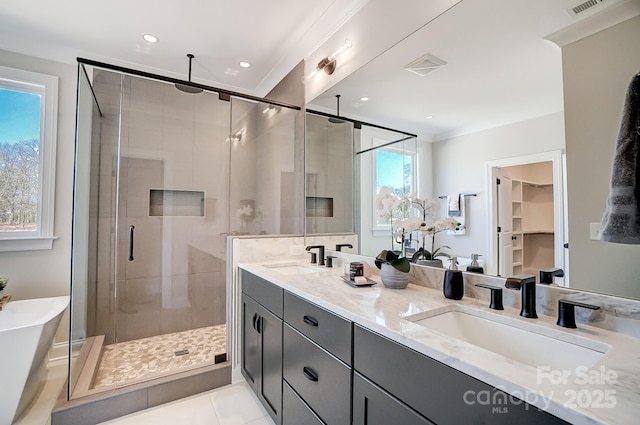 bathroom featuring vanity, tile patterned floors, and independent shower and bath