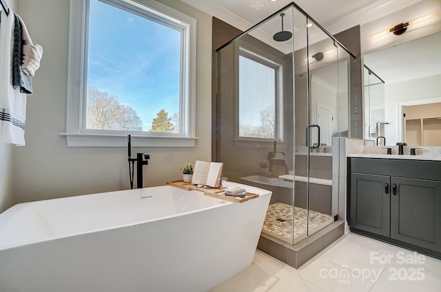 bathroom with vanity and shower with separate bathtub