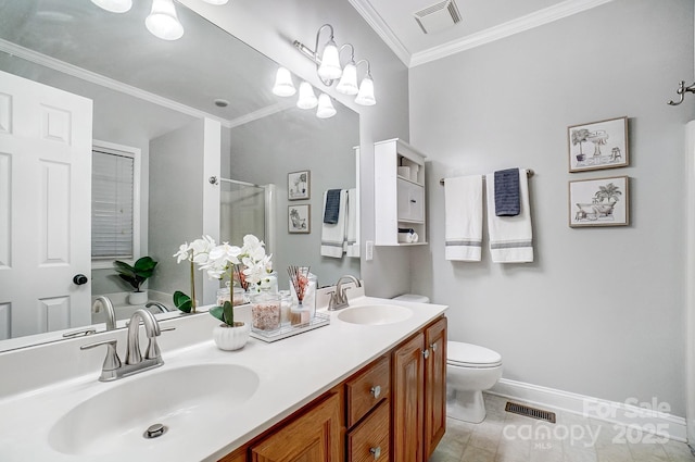 bathroom with vanity, walk in shower, toilet, crown molding, and tile patterned floors