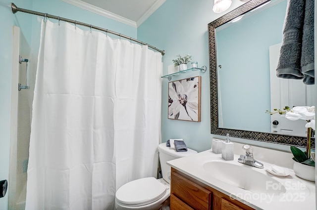 bathroom with a shower with curtain, ornamental molding, toilet, and vanity