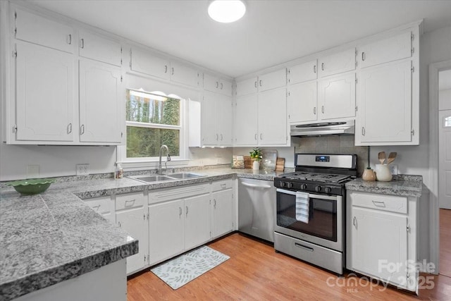 kitchen featuring white cabinets, appliances with stainless steel finishes, sink, and light hardwood / wood-style floors