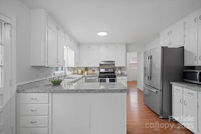 kitchen featuring kitchen peninsula, stainless steel appliances, white cabinets, and sink