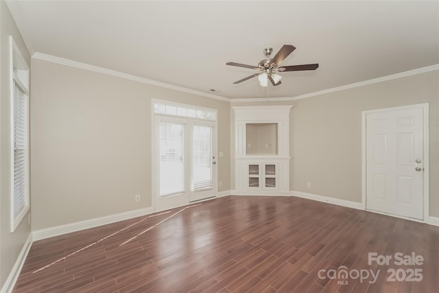 unfurnished living room featuring dark hardwood / wood-style flooring, ceiling fan, and crown molding