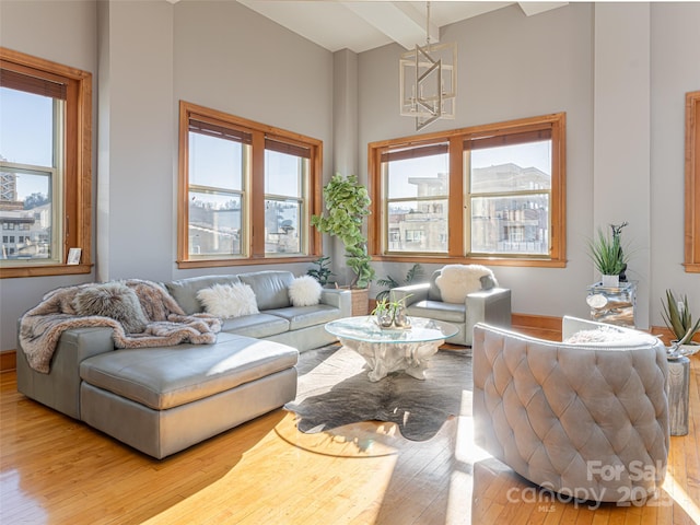 living room featuring beam ceiling, a healthy amount of sunlight, and light wood-type flooring