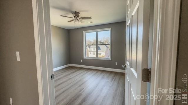 unfurnished room featuring light hardwood / wood-style floors and ceiling fan