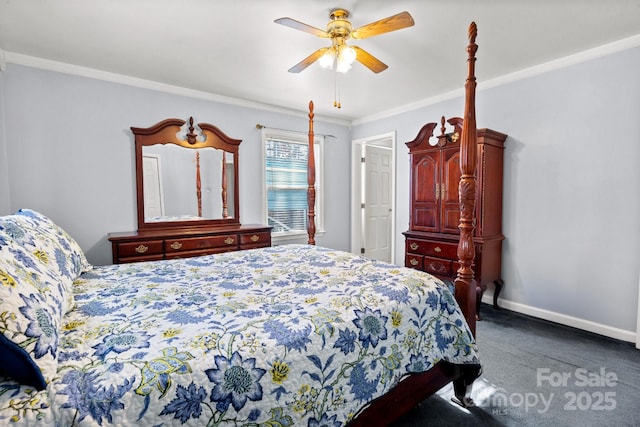 bedroom with ceiling fan, ornamental molding, and dark colored carpet