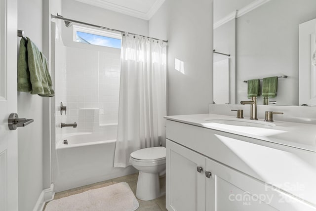 full bathroom with shower / bath combo, tile patterned floors, vanity, crown molding, and toilet