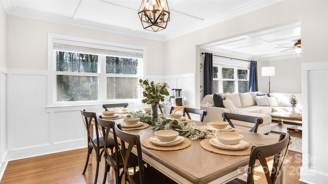 dining area with ceiling fan, wood-type flooring, and crown molding