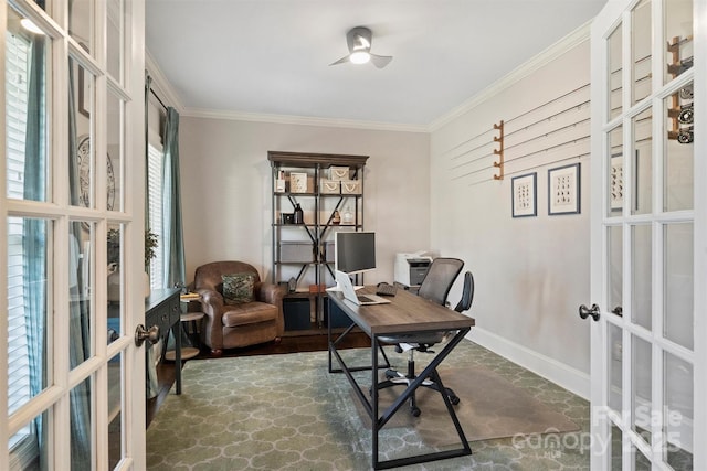 office space with ornamental molding and french doors