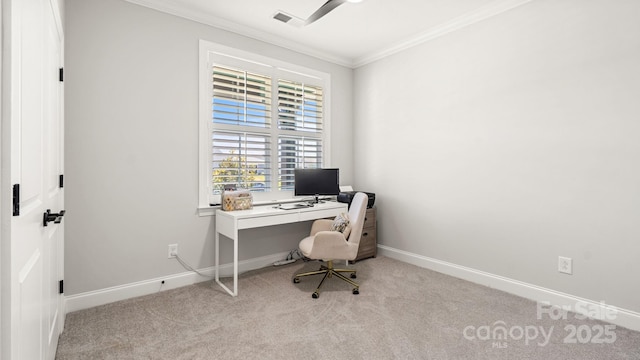 home office with light colored carpet and crown molding