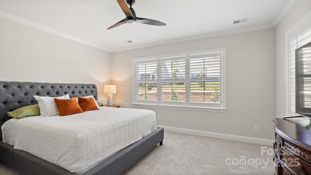 bedroom featuring ceiling fan, light colored carpet, and ornamental molding