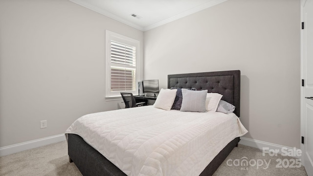 bedroom featuring light carpet and crown molding