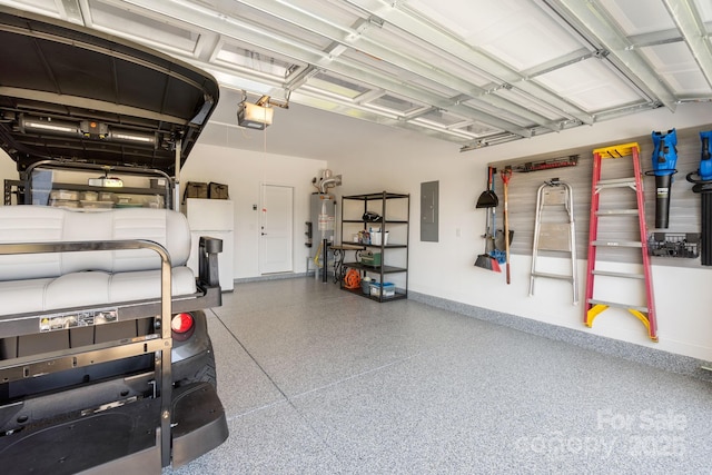 garage with electric panel, white fridge, a garage door opener, and water heater