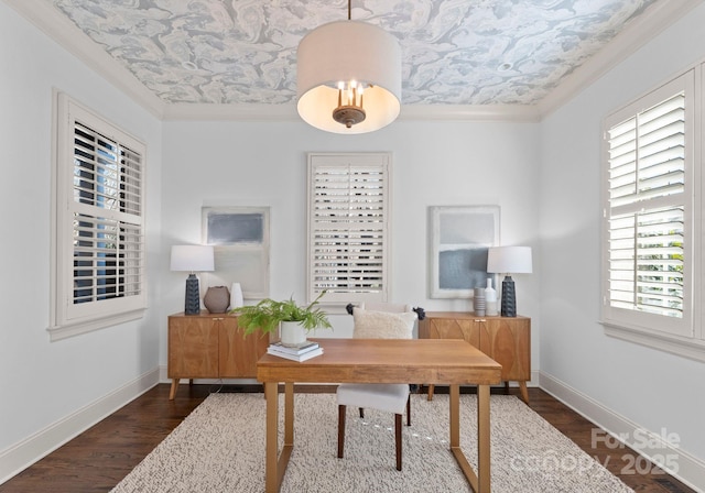 office featuring dark hardwood / wood-style flooring and ornamental molding