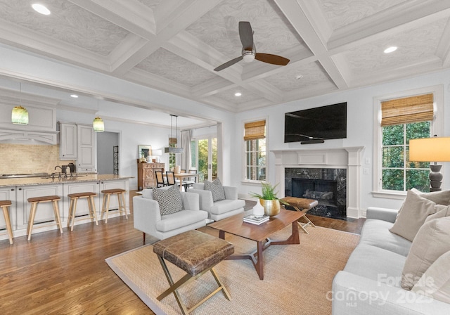 living room featuring dark hardwood / wood-style floors, a premium fireplace, beam ceiling, and a wealth of natural light