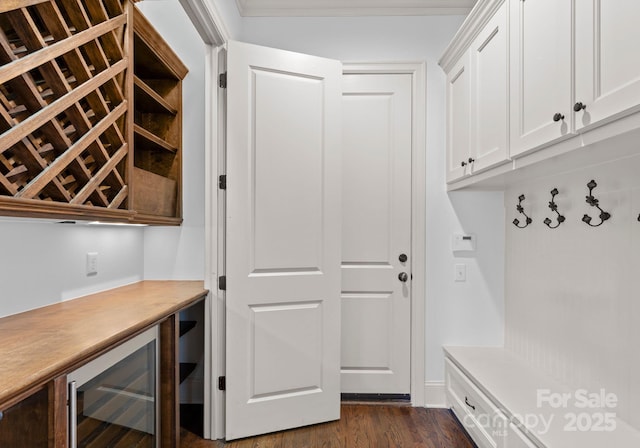 mudroom featuring dark wood-type flooring, bar, and wine cooler