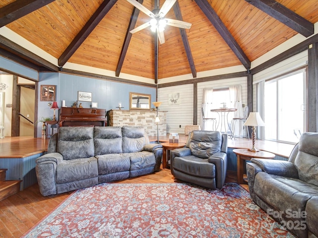 living room with beamed ceiling, wooden ceiling, and high vaulted ceiling