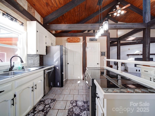 kitchen with decorative backsplash, appliances with stainless steel finishes, wood ceiling, sink, and white cabinets