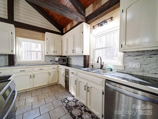 kitchen featuring wood ceiling, sink, dishwasher, range, and vaulted ceiling with beams