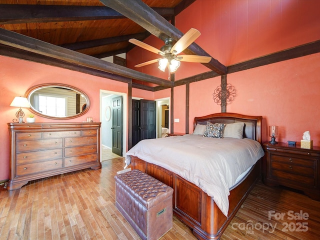 bedroom featuring ceiling fan, wooden ceiling, beamed ceiling, high vaulted ceiling, and light wood-type flooring