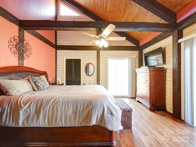 bedroom with wood ceiling, lofted ceiling with beams, ceiling fan, and light hardwood / wood-style floors