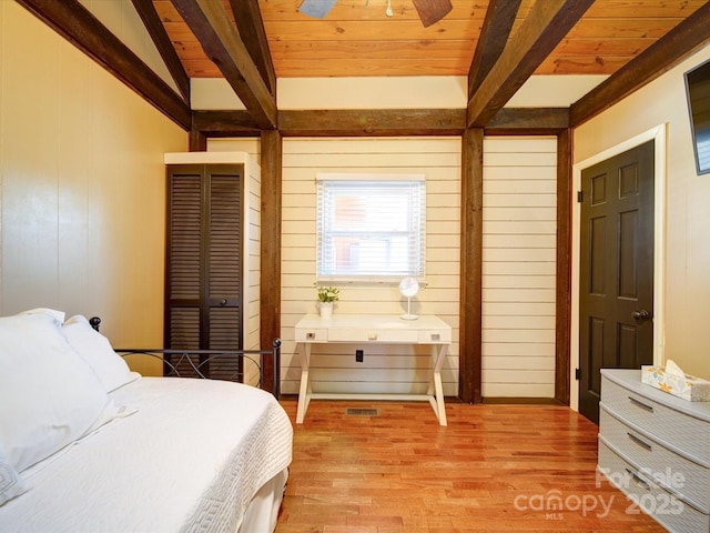 bedroom featuring light wood-type flooring, ceiling fan, wooden walls, and wood ceiling