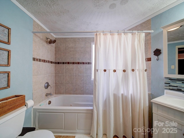 bathroom with shower / tub combo, crown molding, vanity, and a textured ceiling