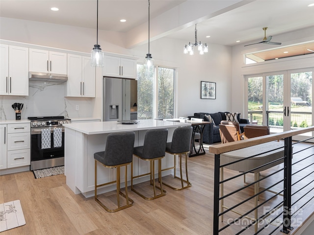 18 Cane Creek Ln, Fairview, NC 28730 - kitchen featuring appliances with stainless steel finishes, under cabinet range hood, light wood-style flooring, a center island, and light countertops